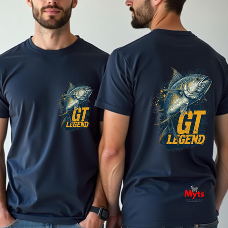 Two people wearing navy blue t-shirts with GT Legend design, one on front and one on back, with Myts logo.