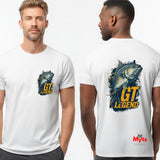 GT Legend Giant Trevally fishing t-shirt in white with chest and back graphic design"