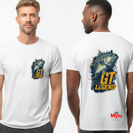 White t-shirt with GT Legend graphic on front and back worn by two models.