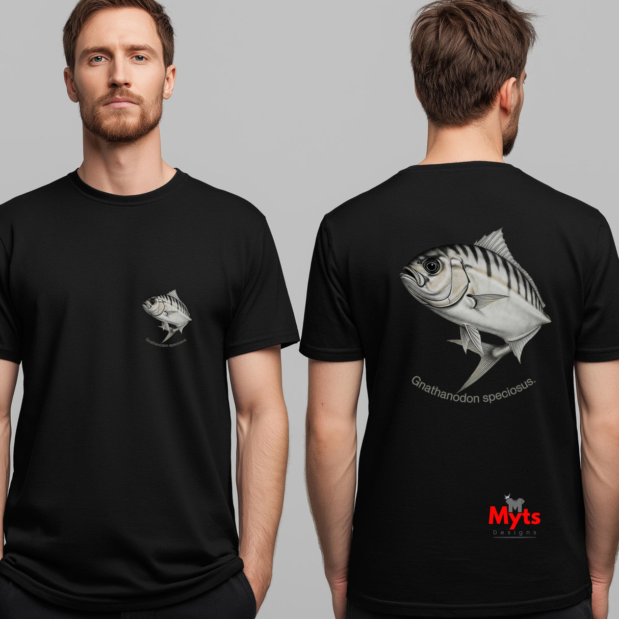 Black t-shirt with fish design on front and back, worn by a person against a gray background