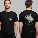 Black t-shirt with fish design on front and back, worn by a person against a gray background