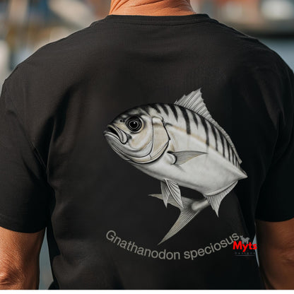 Black t-shirt with a fish design on the back, featuring the brand 'Myts'.