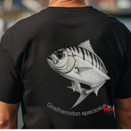 Black t-shirt with a fish design on the back, featuring the brand 'Myts'.