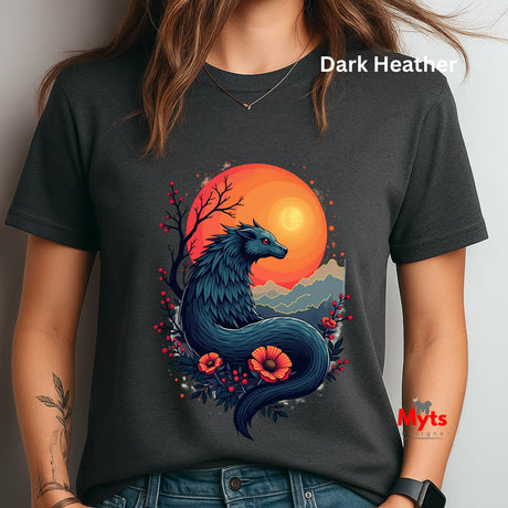 Person wearing a dark Heather t-shirt with a dragon design and 'Myts' logo.