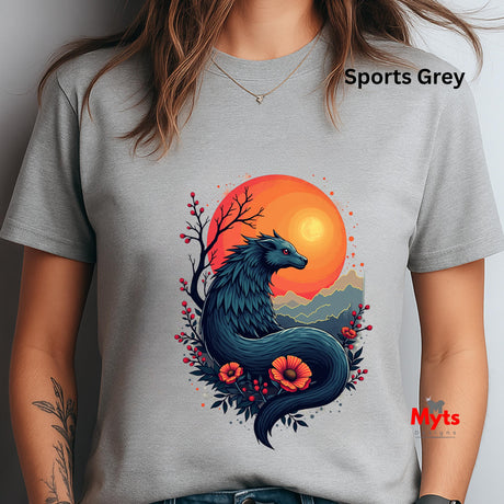 Gray t-shirt with a dragon and sunset design, labeled 'Sports Grey'.