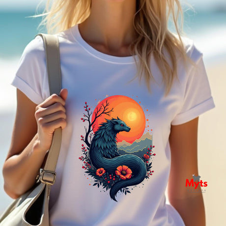 Person wearing a white t-shirt with a dragon design featuring a sunset and flowers, standing by the beach.