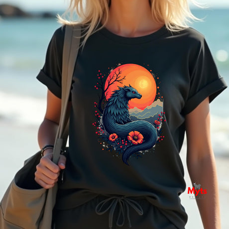 Person wearing a black t-shirt with a dragon design by a body of water