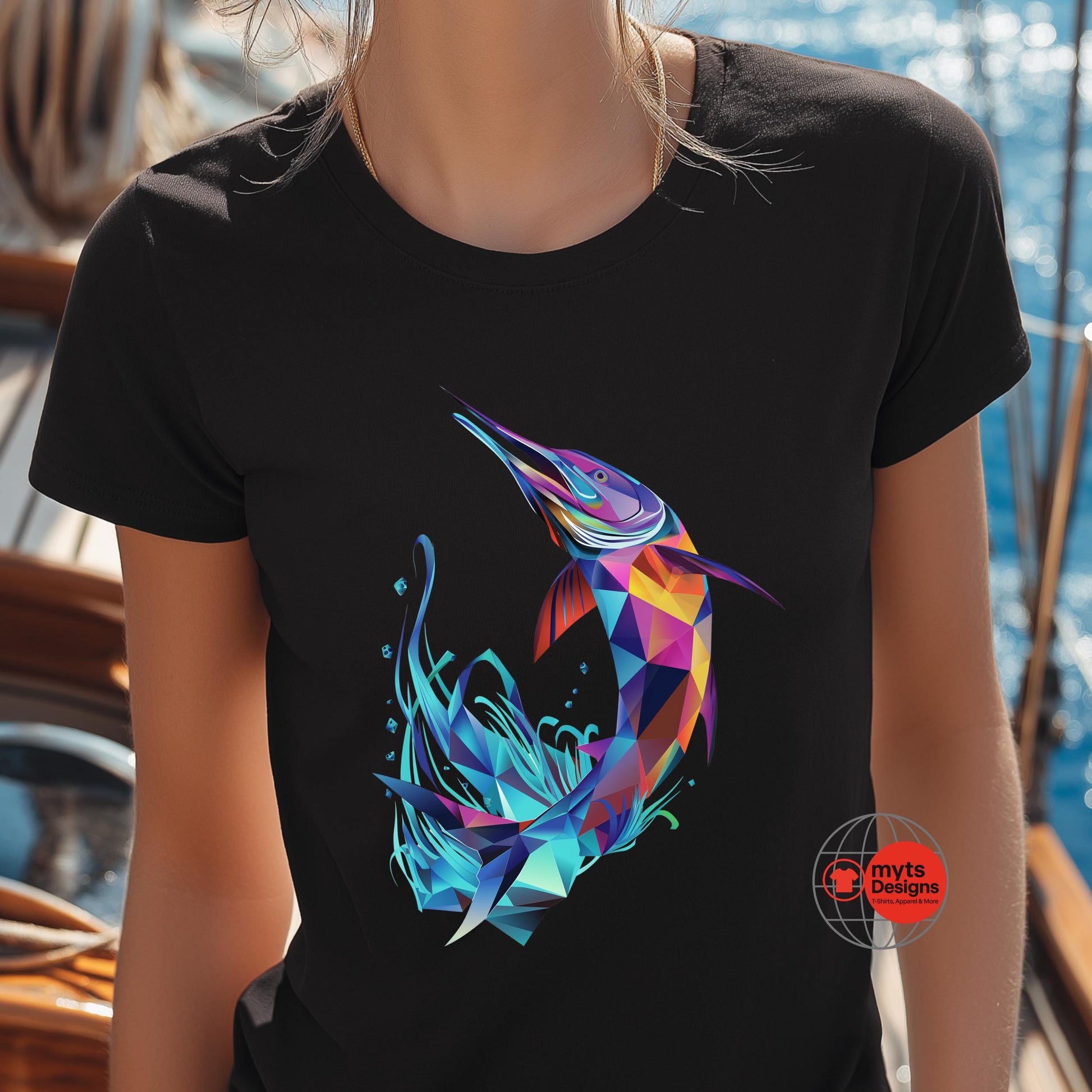 Black t-shirt with a colorful fish design on a person wearing it, with a blurred background.