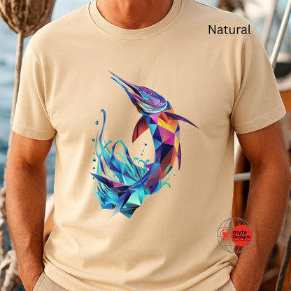 Natural t-shirt with a colorful dolphin design on a person by the water.