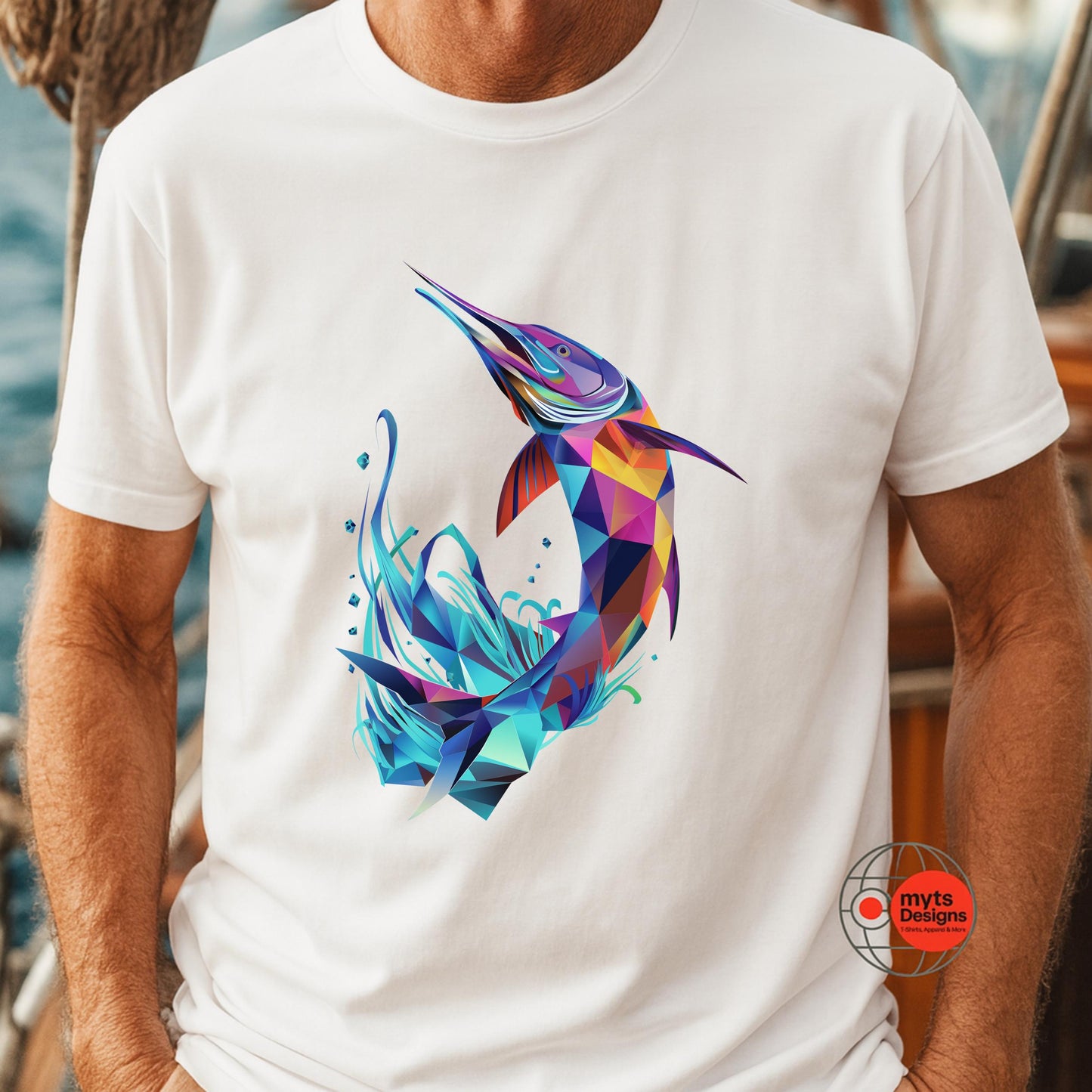 White t-shirt with a colorful geometric penguin design on a blurred outdoor background