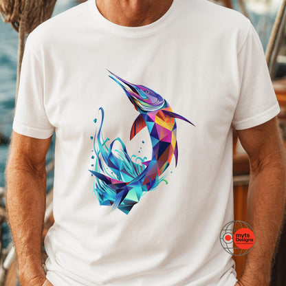 White t-shirt with a colorful geometric penguin design on a blurred outdoor background