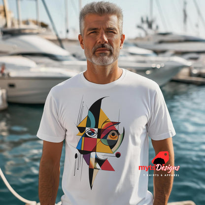 “White unisex T-shirt featuring an abstract geometric face design inspired by Picasso’s Cubist art, with bold shapes and vibrant colors, worn by a man near a marina, available from MytsDesigns.com”