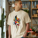 “Natural unisex T-shirt featuring an abstract geometric face design inspired by Picasso’s Cubist art, with bold shapes and vibrant colors, worn by a man in a office, available from MytsDesigns.com”