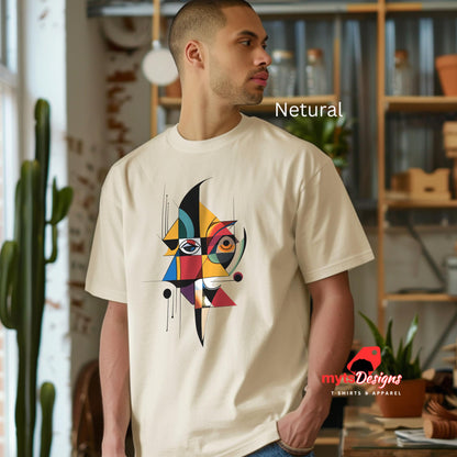 “Natural unisex T-shirt featuring an abstract geometric face design inspired by Picasso’s Cubist art, with bold shapes and vibrant colors, worn by a man in a office, available from MytsDesigns.com”