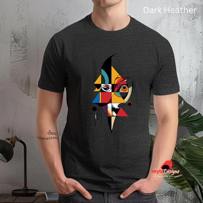 “Daark Heather unisex T-shirt featuring an abstract geometric face design inspired by Picasso’s Cubist art, with bold shapes and vibrant colors, worn by a man in a studio, available from MytsDesigns.com”