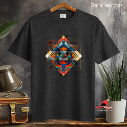 Dark heather unisex T-shirt featuring an intricate symmetrical geometric pattern in vibrant blues, oranges, reds, and metallic tones, tribal and modern art fusion design by MytsDesigns.com