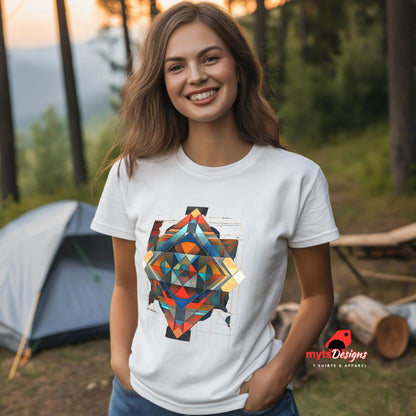 White unisex T-shirt featuring a young woman in a camp site, an intricate symmetrical geometric pattern in vibrant blues, oranges, reds, and metallic tones, tribal and modern art fusion design by MytsDesigns.com