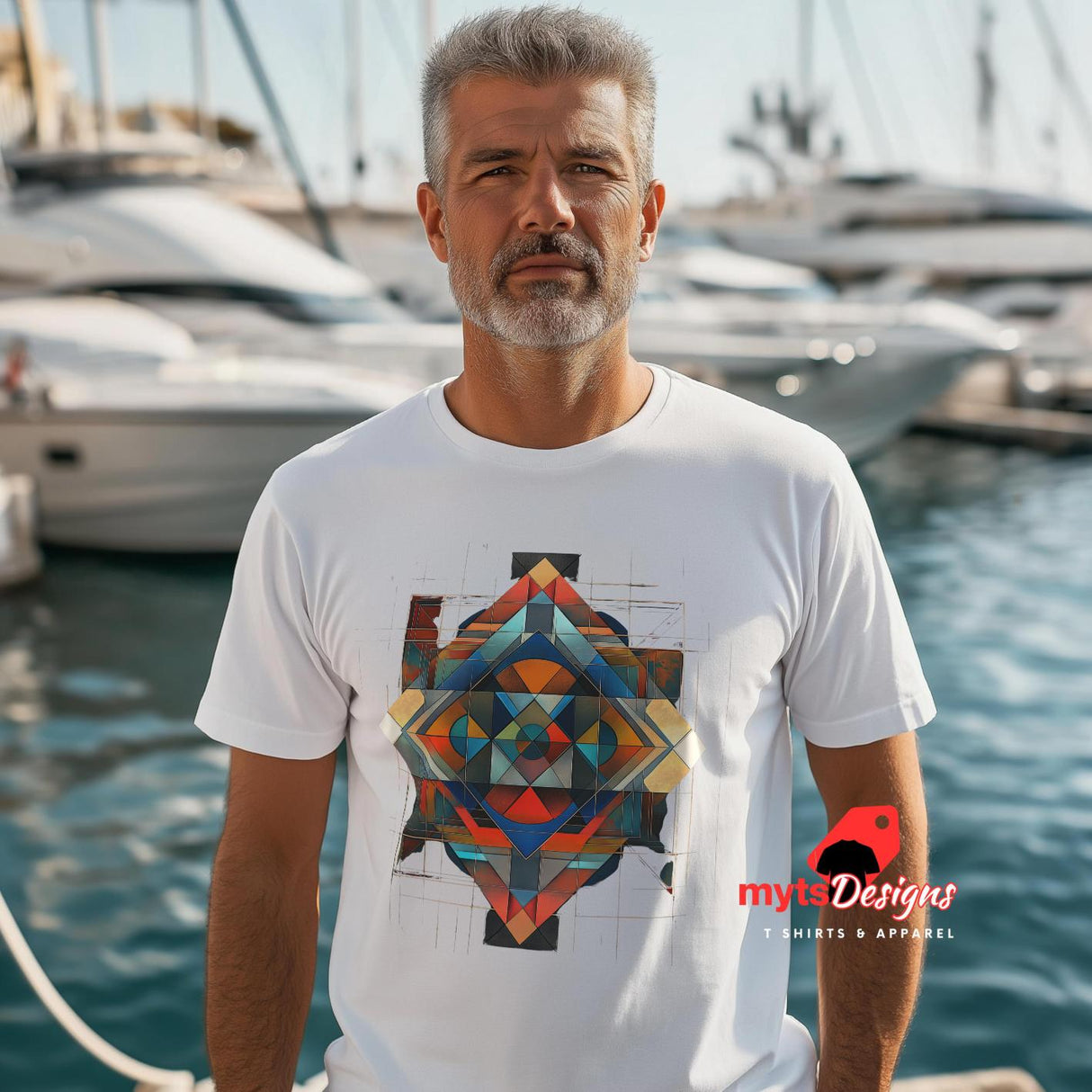 White unisex T-shirt featuring a senior man standing on a dock, t-shirt has an intricate symmetrical geometric pattern in vibrant blues, oranges, reds, and metallic tones, tribal and modern art fusion design by MytsDesigns.com