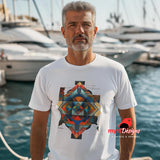 White unisex T-shirt featuring a senior man standing on a dock, t-shirt has an intricate symmetrical geometric pattern in vibrant blues, oranges, reds, and metallic tones, tribal and modern art fusion design by MytsDesigns.com