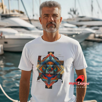 White unisex T-shirt featuring a senior man standing on a dock, t-shirt has an intricate symmetrical geometric pattern in vibrant blues, oranges, reds, and metallic tones, tribal and modern art fusion design by MytsDesigns.com