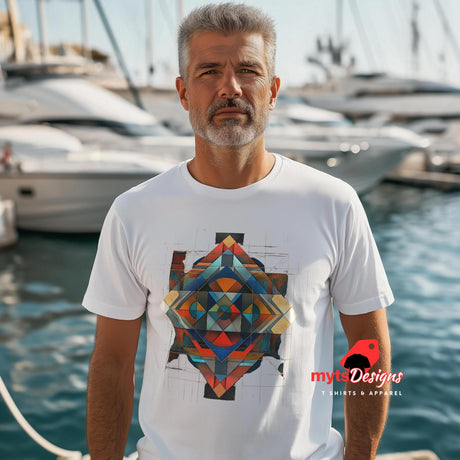 White unisex T-shirt featuring a senior man standing on a dock, t-shirt has an intricate symmetrical geometric pattern in vibrant blues, oranges, reds, and metallic tones, tribal and modern art fusion design by MytsDesigns.com