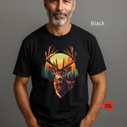 Man wearing a black t-shirt with a deer graphic design on a gray background