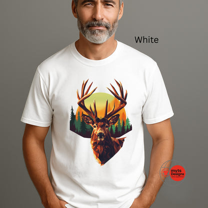 Man wearing a white t-shirt with a deer graphic design on a gray background