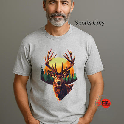Man wearing a gray t-shirt with a deer graphic design on a plain background