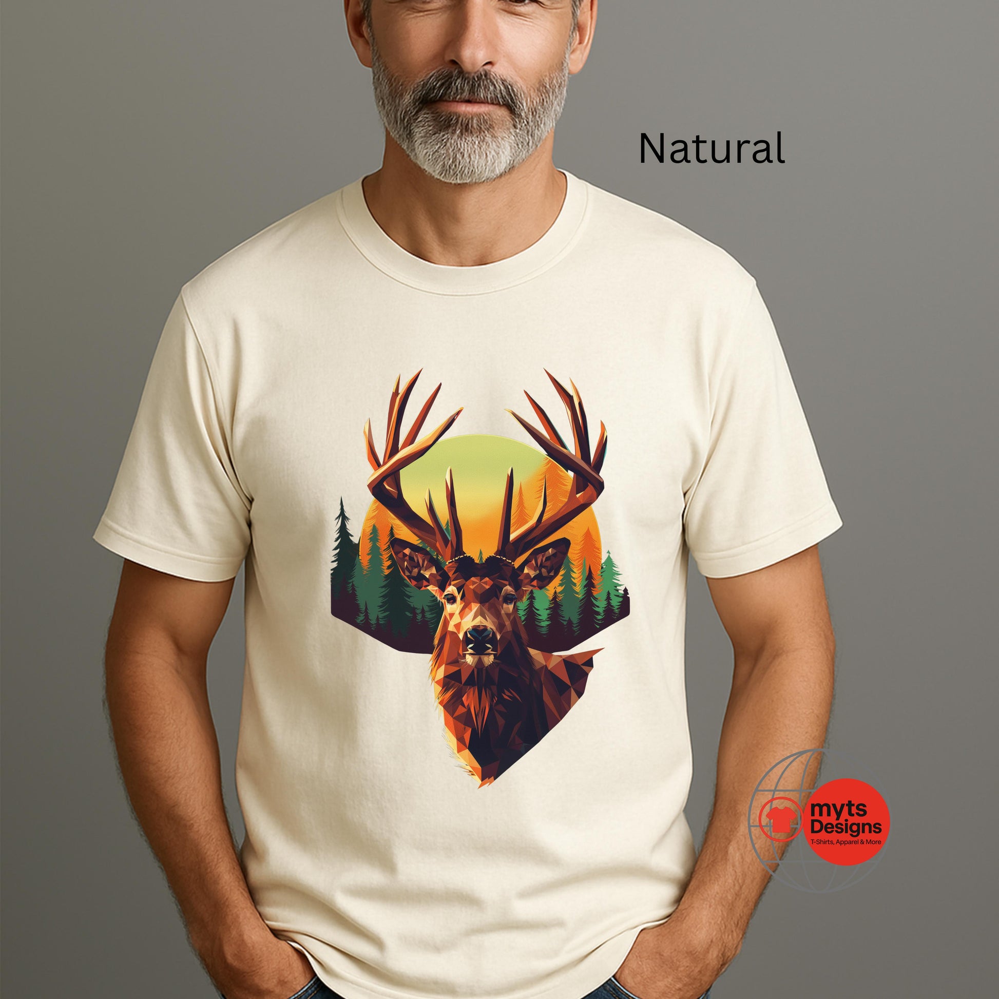 Man wearing a Natural t-shirt with a deer graphic design on a gray background