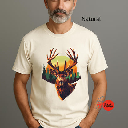 Man wearing a Natural t-shirt with a deer graphic design on a gray background