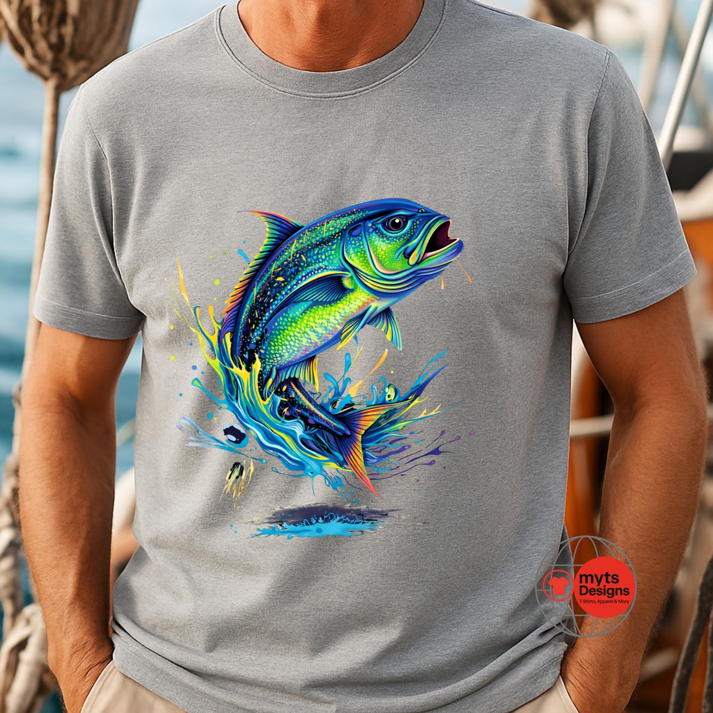 Person wearing a gray t-shirt with a colorful fish design on a boat.