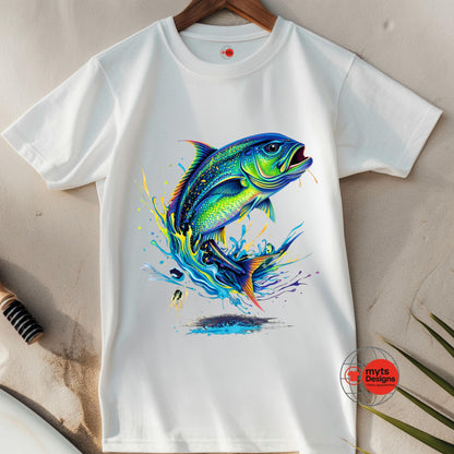 White fishing T-shirt featuring colourful Giant Trevally splash art graphic design