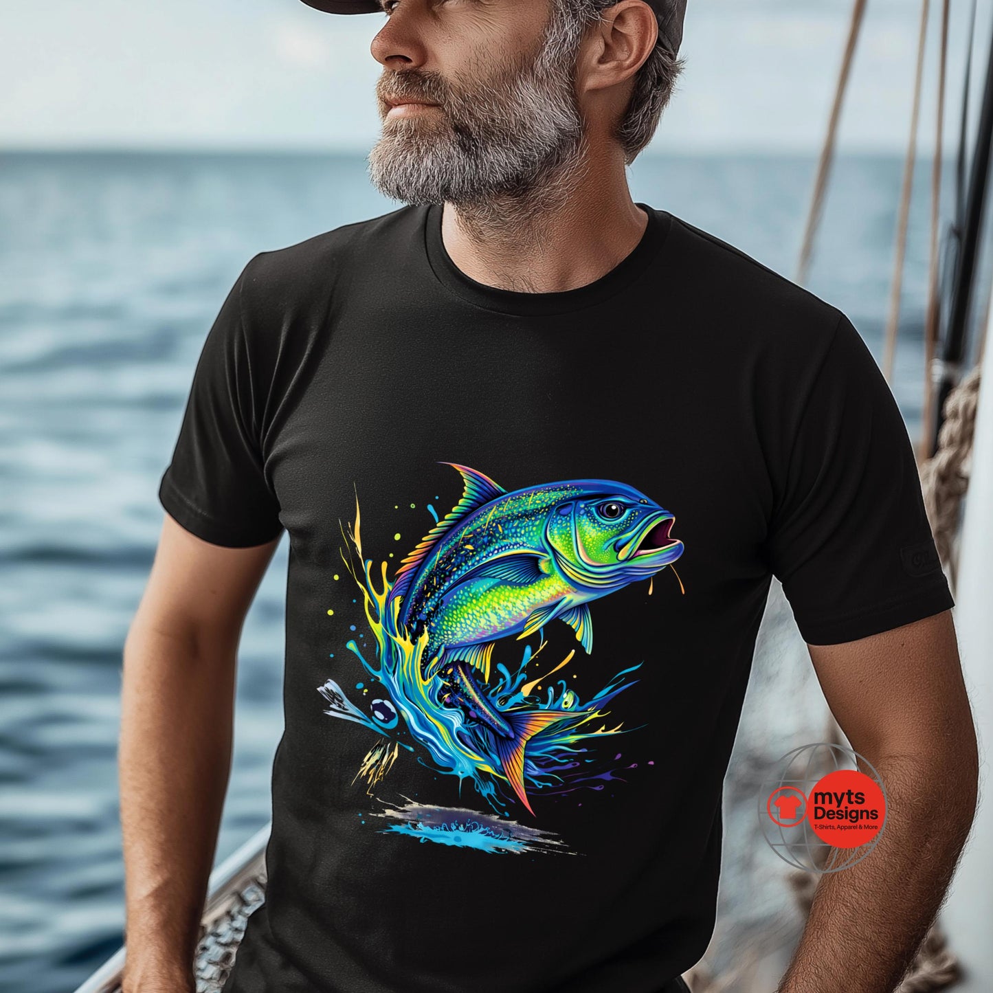 Man wearing a black t-shirt with a colorful fish design on a boat.
