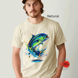 Man wearing a beige t-shirt with a colorful fish design on a plain background