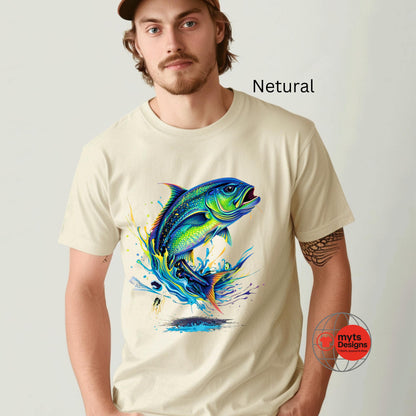 Man wearing a beige t-shirt with a colorful fish design on a plain background