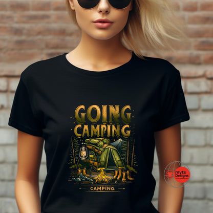 Person wearing a black t-shirt with 'Going Camping' graphic design against a brick wall.