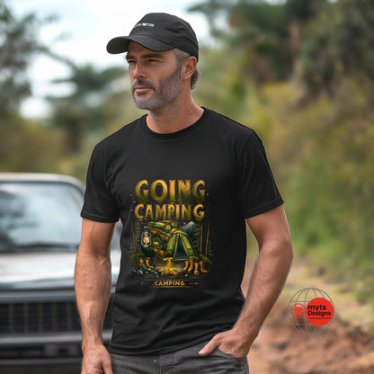Man wearing a black t-shirt with 'Going Camping' design outdoors.