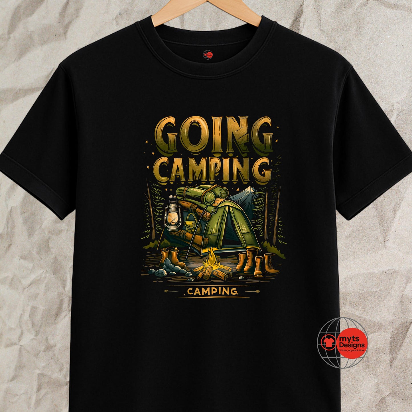 Black t-shirt with 'Going Camping' graphic design on a textured surface
