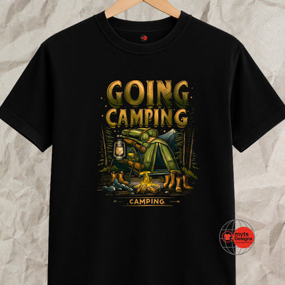 Black t-shirt with 'Going Camping' graphic design on a textured surface