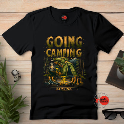 Black t-shirt with 'Going Camping' graphic design on a wooden surface.