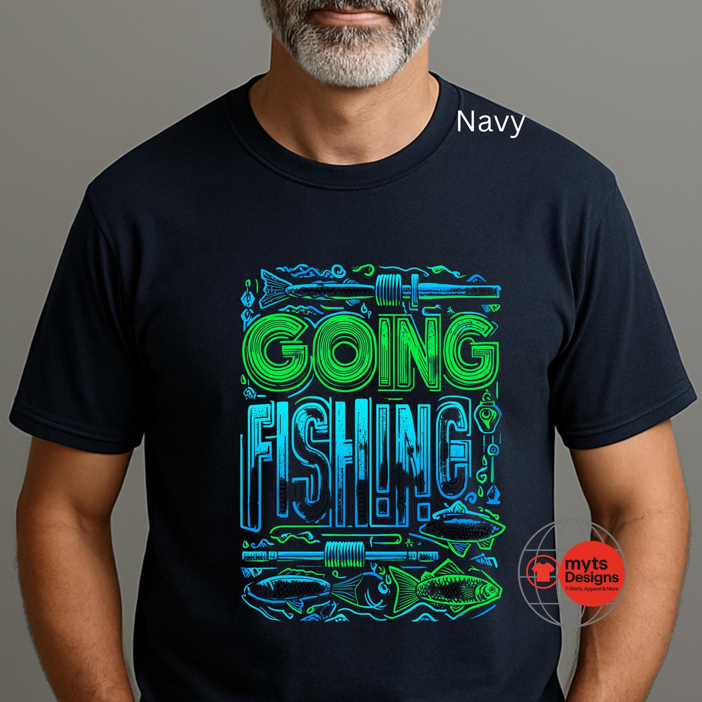 Navy t-shirt with 'Going Fishing' graphic design worn by a person, on a gray background.