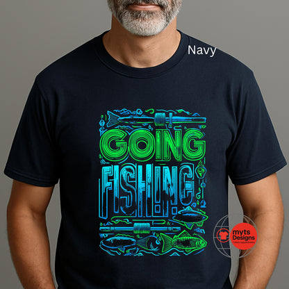 Navy t-shirt with 'Going Fishing' graphic design worn by a person, on a gray background.