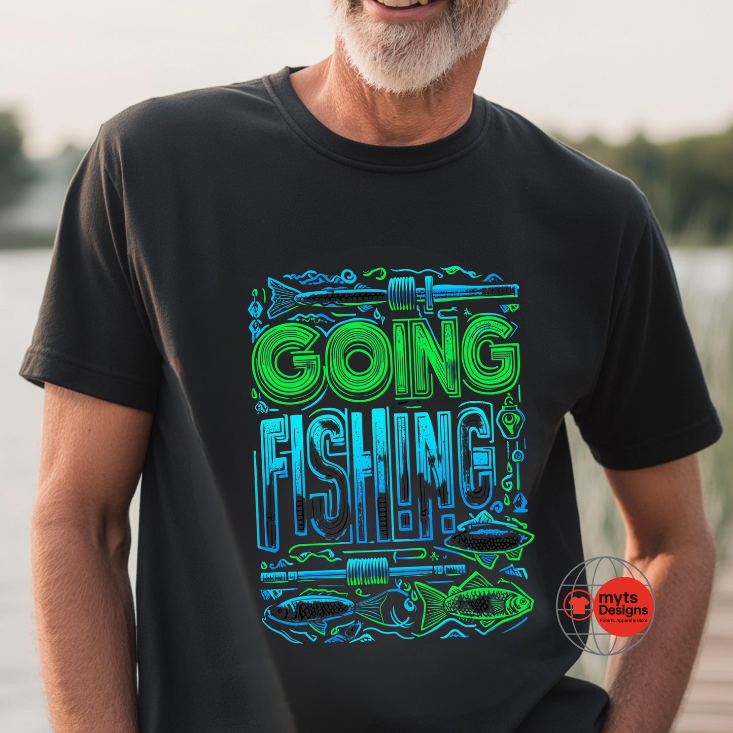 Man wearing a black t-shirt with 'Going Fishing' graphic design outdoors.