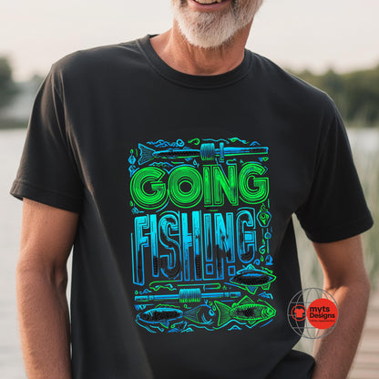Man wearing a black t-shirt with 'Going Fishing' graphic design outdoors.