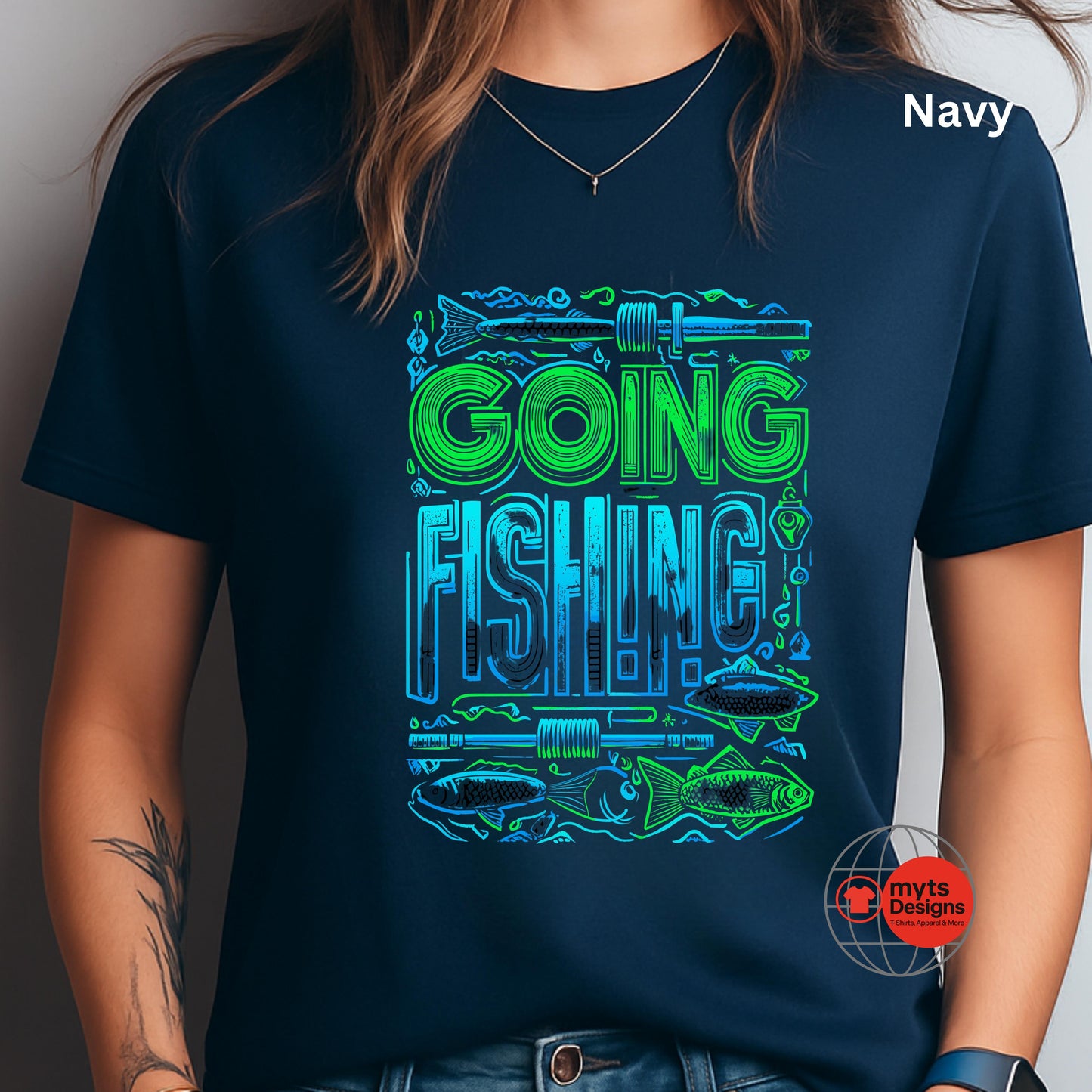 Navy t-shirt with 'Going Fishing' graphic design on a person against a neutral background