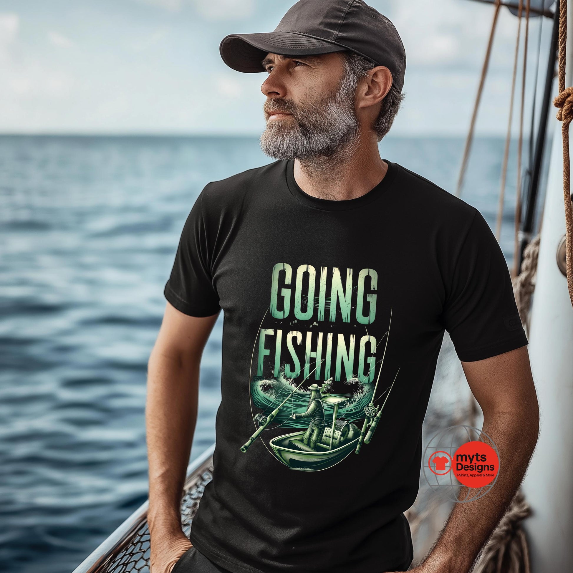 Man on a boat wearing a black t-shirt with 'Going Fishing' graphic and text.