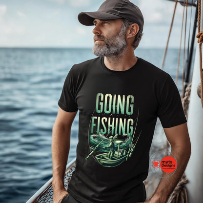 Man on a boat wearing a black t-shirt with 'Going Fishing' graphic and text.