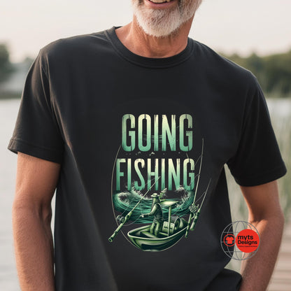 Man wearing a black t-shirt with 'Going Fishing' graphic design by a lake.