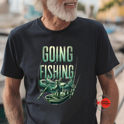 Man wearing a black t-shirt with 'Going Fishing' graphic design.