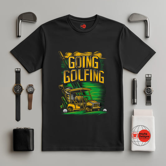 Black t-shirt with 'Going Golfing' graphic design on a gray background with golf accessories.